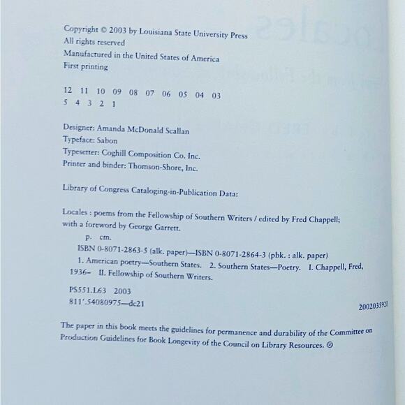 Locales: Poems - Fellowship of Southern Writers Book First Edition Poetry Books - Picture 6 of 6